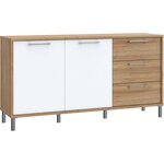 Buffet - Chene riviera et blanc brillant - Classique - 2 portes - NORTH PINE - L 159,2 x P 42 x H 84 cm - Poignées en métal