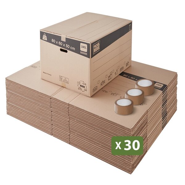 Pack and Move - Lot 30 cartons déménagement XXL - 80 x 60 x 50 cm - Poignées renforcées - 3 adhésifs offerts