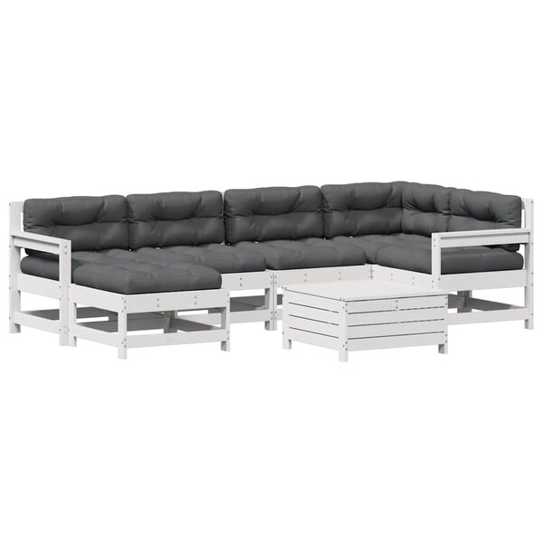 vidaXL Salon de jardin 7 Pièces avec coussins blanc bois de pin massif