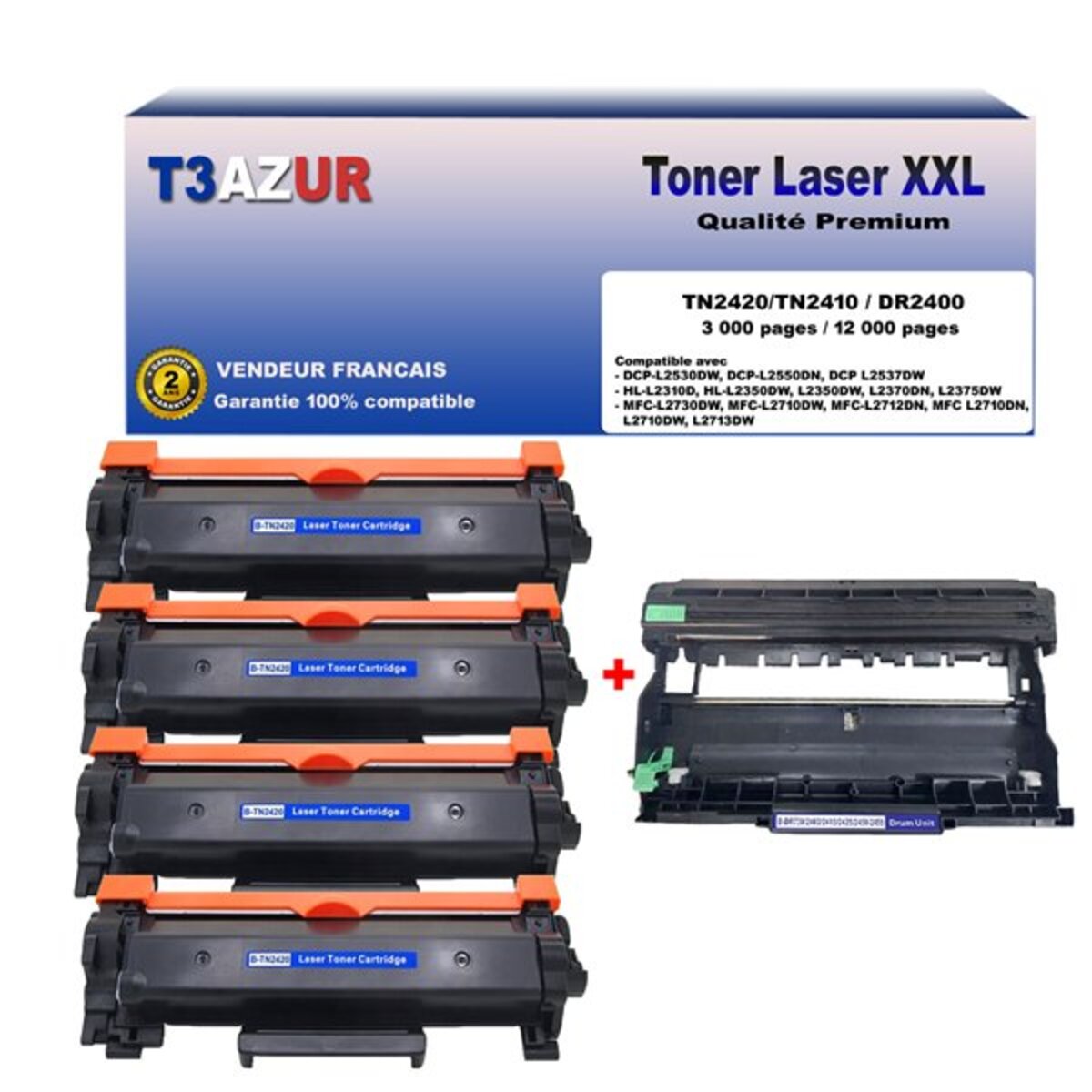 Kit Tambour+ 4 Toners compatibles avec Brother TN2420 DR2400 pour Brother  HL-L2310D HL-L2350DW HL-L2357DW HL-L2370DN - La Poste