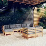 vidaXL Salon de jardin 10 Pièces avec coussins gris bois de pin solide