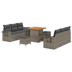 Ensemble de canapé de jardin de 9 pièces avec coussins Gris Poly Rotin Acacia
