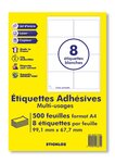 500 planches a4 - 8 étiquettes 99,1 mm x 67,7 mm autocollantes blanche par planche pour tous types imprimantes - jet d'encre/laser/photocopieuse