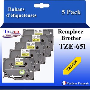 5x Rubans d'étiqueteuses compatibles avec Brother Tze651 Tze-651 pour étiqueteuses P-touch - Texte noir sur fond jaune