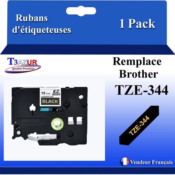 Ruban d'étiqueteuse compatible avec Brother Tze344  Tze-344 pour étiqueteuses P-touch - Texte doré sur fond noir - Largeur 18 mm x 8 mètres - T3AZUR