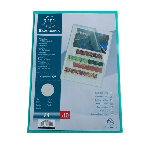 Sachet 10 Pochettes Coin Polypropylène Grainé 12/100e - A4 - Vert - X 10 - Exacompta