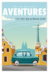 Carte Départ Vers Nouvelles Aventures avec Enveloppe  Affichette Mini Posters Format 17x11 5cm  Retraite Déménagement Changement Vie Voyage Barcelone Espagne Voiture Rétro Vintage Bleu