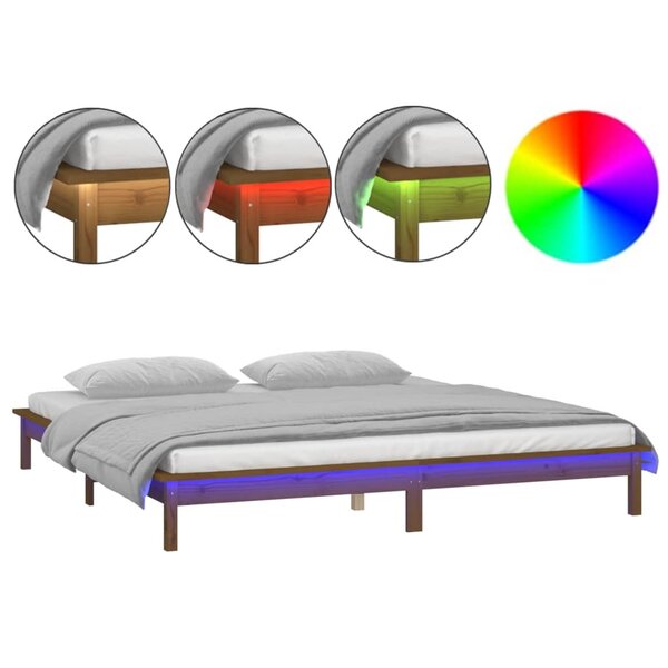 vidaXL Cadre de lit LED marron miel 120x190cm petit double bois massif