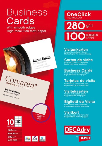 Pochette 100 cartes de visite blanches mates oneclick - 280g 85 x 54 mm decadry by apli