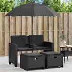 vidaXL Canapé de jardin 2 places avec parasol et tabourets noir rotin