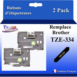 2x Rubans d'étiqueteuses compatibles avec Brother Tze334  Tze-334 pour étiqueteuses P-touch - Texte doré sur fond noir - Largeur 12 mm x 8 mètres - T3AZUR