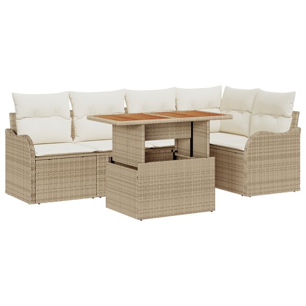 Ensemble de Canapé de Jardin 6 Pièces avec Coussins Beige Poly Rotin