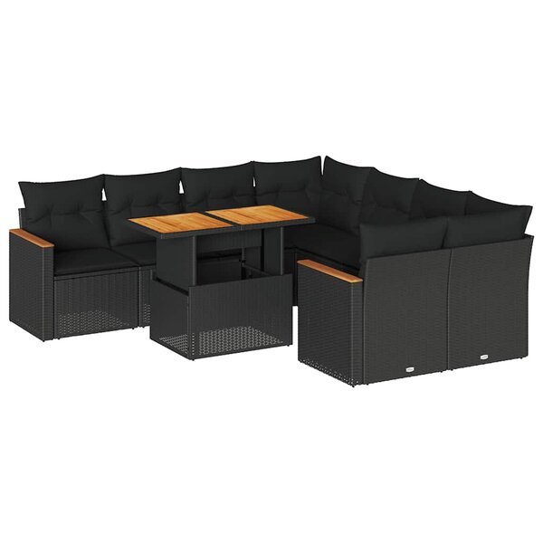 vidaXL Salon de jardin avec coussins 9 Pièces noir résine tressée acacia