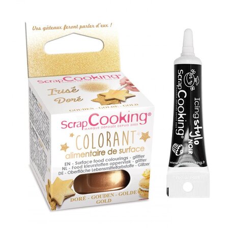 Colorant alimentaire de surface doré 5 g + Stylo de glaçage noir