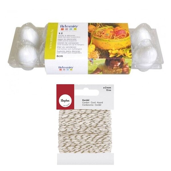 12 œufs de Pâques à décorer + Ficelle dorée & blanche 15 m