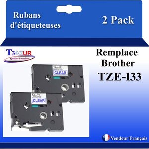 2x Rubans d'étiqueteuses compatibles avec Brother Tze133  Tze-133 pour étiqueteuses P-touch - Texte bleu sur fond transparent - Largeur 12 mm x 8 mètres