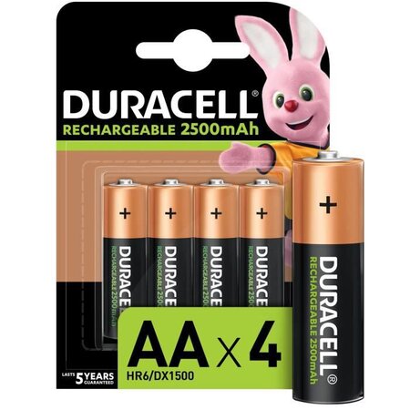 Duracell Piles Rechargeables AA 2500 mAh, lot de 4 piles