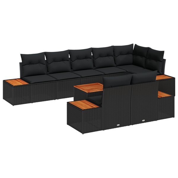 vidaXL Ensemble de canapé de jardin 9 pièces avec coussins - Rattan poly noir et acacia