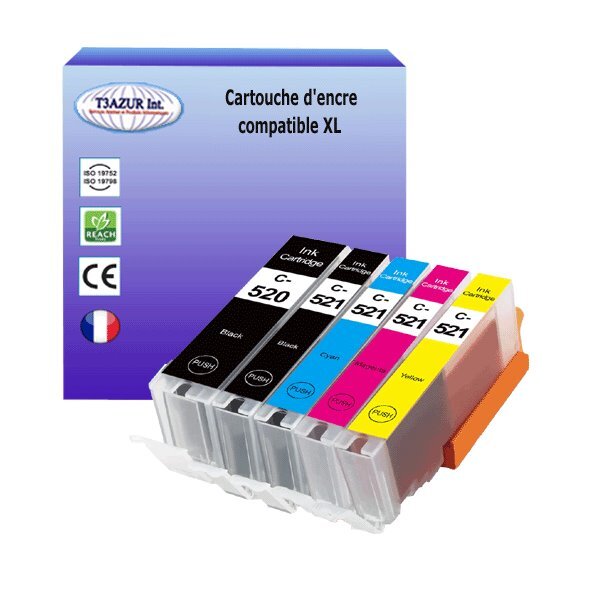 5 Cartouches compatibles avec Canon PGI-520 XL, CLI-521 XL (3Bk/3PBk/3C/3M/3Y) - T3AZUR