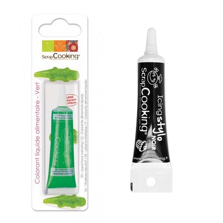 Colorant alimentaire liquide 10 g Vert + stylo glaçage noir