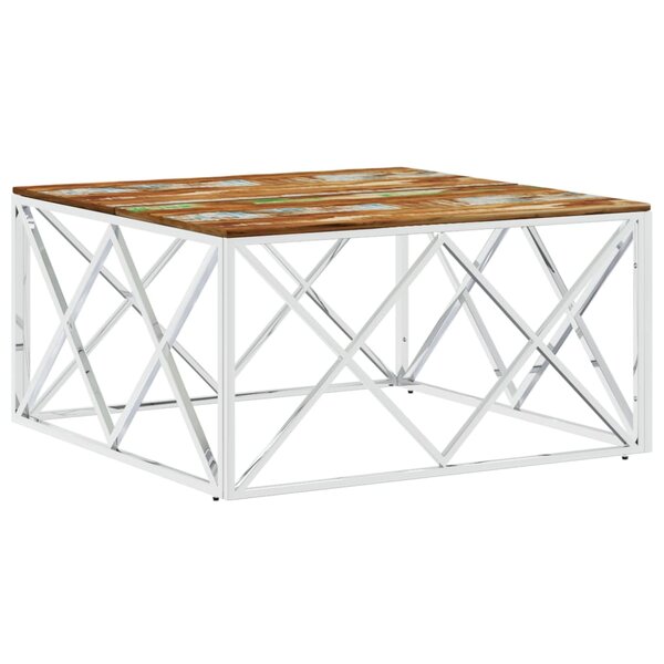 vidaXL Table basse argenté acier inoxydable/bois massif récupération