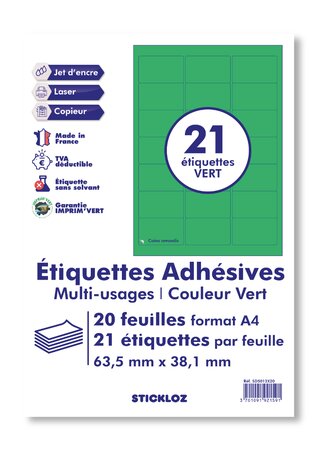 20 planches a4 - 21 étiquettes 63,5 mm x 38,1 mm autocollantes vert par planche pour tous types imprimantes - jet d'encre/laser/photocopieuse