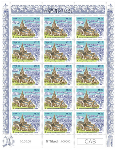 Feuille de 15 timbres - Salon philatélique de printemps - Église Notre-Dame de Calais - Lettre Verte