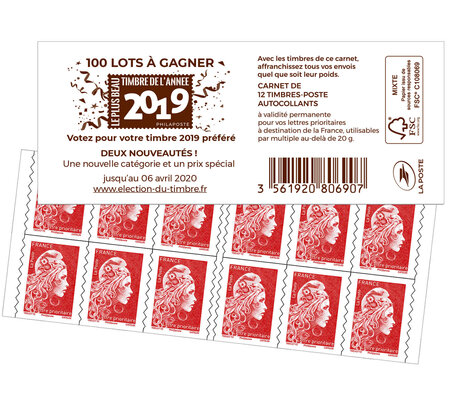 Carnet 12 timbres Marianne l'engagée - Lettre Prioritaire - Rouge - Election du timbre de l'année
