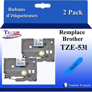 2x Rubans d'étiqueteuses compatibles avec Brother Tze531  Tze-531 pour étiqueteuses P-touch - Texte noir sur fond bleu - T3AZUR