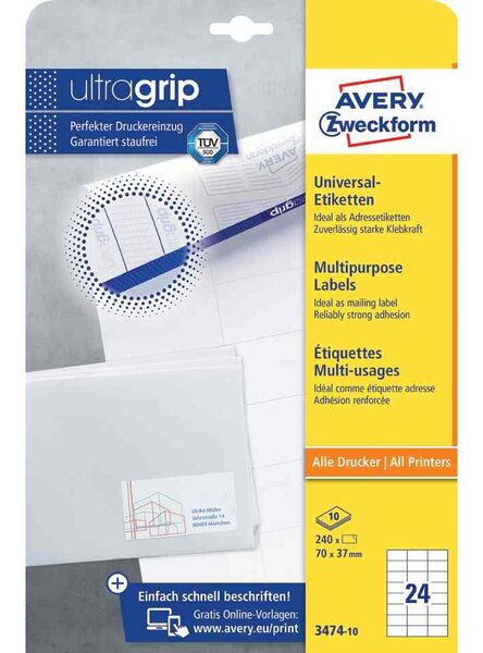 240 étiquettes multi-usages, 70 x 37 mm, blanc avery zweckform