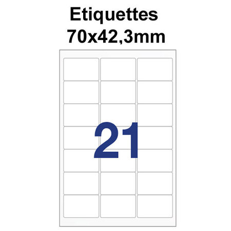 Étiquettes adhésives  70x42 3mm   (21étiquettes/feuille) - blanc - 50 feuilles -t3azur
