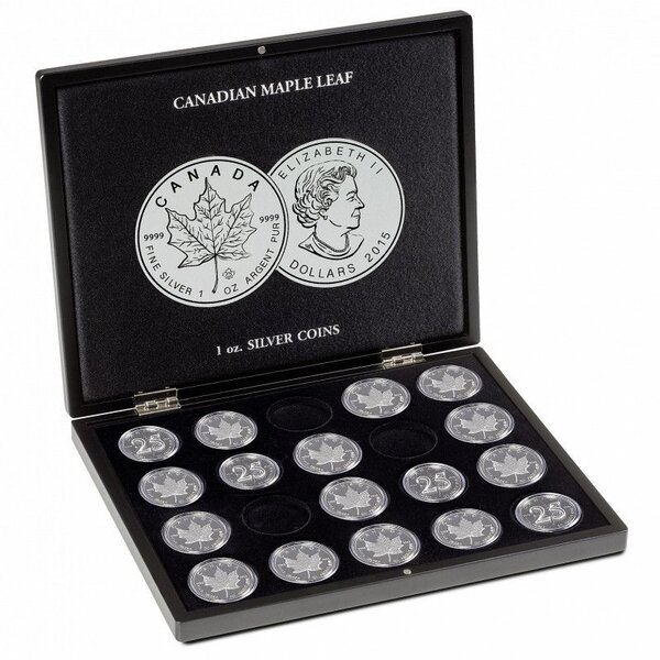 Coffret noir pour 20 pièces de 1 once argent Maple Leaf.