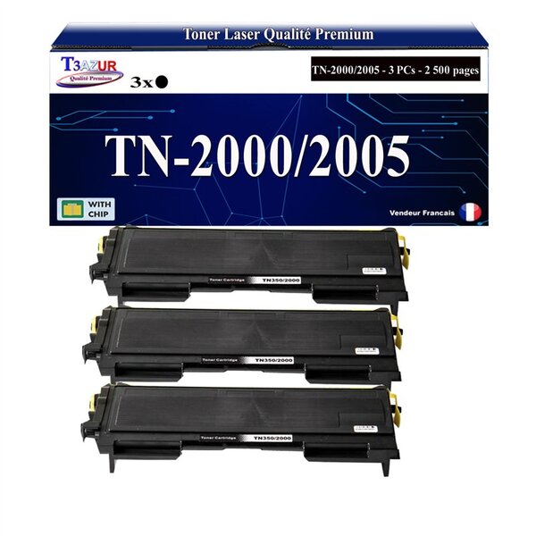 3 Toners compatibles avec Brother TN2000  TN2005 pour Brother HL2020 HL2030  HL2032  HL2035  HL2037  HL2040  HL2040N  HL2050  HL2070N - 2 500 pages - T3AZUR