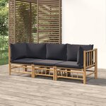 vidaXL Salon de jardin 3 Pièces avec coussins gris foncé bambou