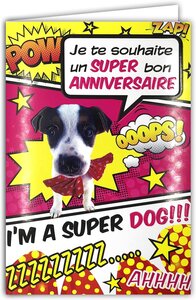 Carte Rose Bon Anniversaire Super Héros Chien Chiot avec Enveloppe 12x17 5cm