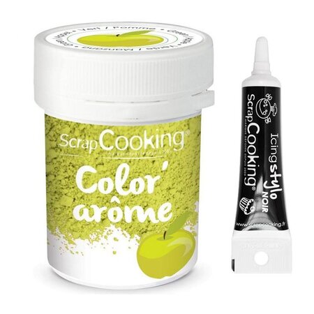 Colorant alimentaire vert arôme pomme 10 g + Stylo glaçage noir