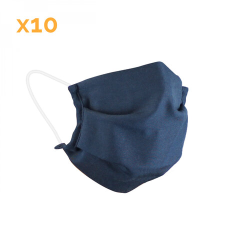 Lot de 10 masques de protection visage réutilisable, lavable 50 fois 3 couches en tissu - Bleu marine - Certifié UNS1