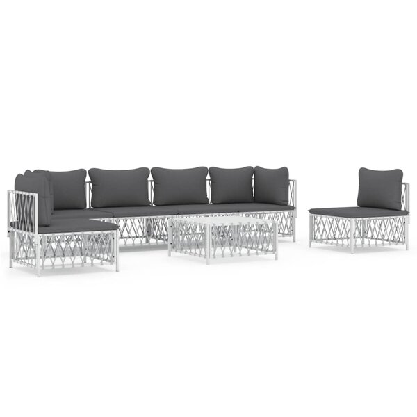 vidaXL Salon de jardin 7 Pièces avec coussins blanc acier