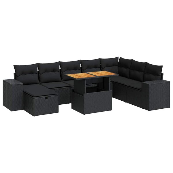 vidaXL Salon de jardin avec coussins 9 Pièces noir résine tressée acacia