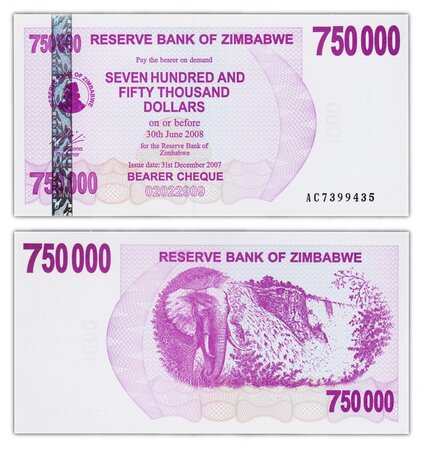 Billet de collection 750000 dollars 2007 zimbabwe - neuf - p52
