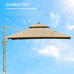 Parasol déporté LED carré double toit inclinable pivotant 360° manivelle piètement acier dim. 3L x 3l x 2 66H m beige