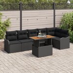 Ensemble 7 pièces canapé jardin avec coussins Noir Rotin Poly Acacia