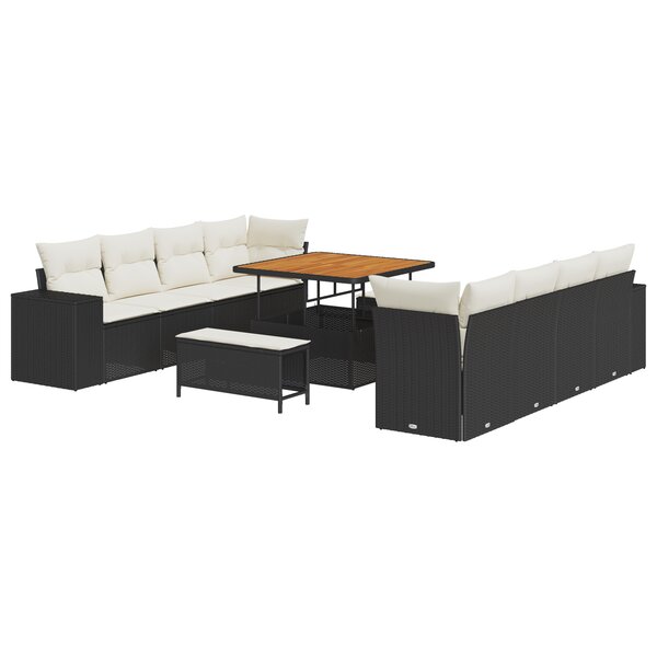 Ensemble de canapé de jardin 11 pièces avec coussins noir en poly rotin acacia