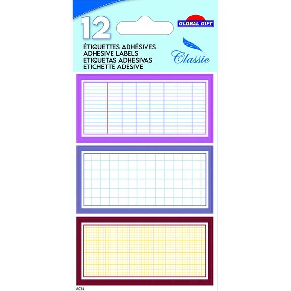 12 étiquettes adhésives scolaires - Quadrillé effet cahier - tons roses