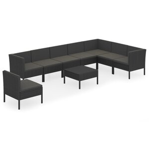 vidaXL Salon de jardin 9 Pièces avec coussins Résine tressée Noir