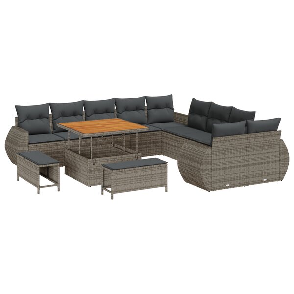 vidaXL Ensemble de canapés de jardin en 13 pièces avec coussins gris en rattan poly et acacia.