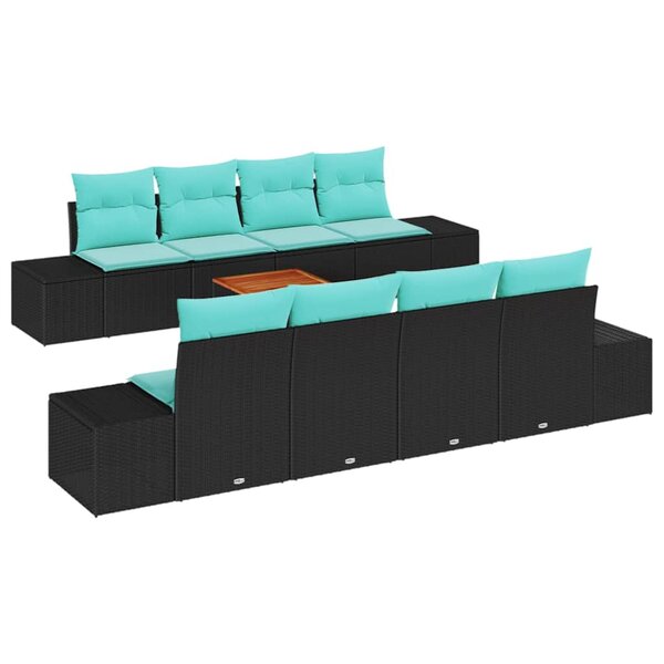 vidaXL Ensemble de canapé de jardin 9 Pièces Noir et turquoise polyrotin