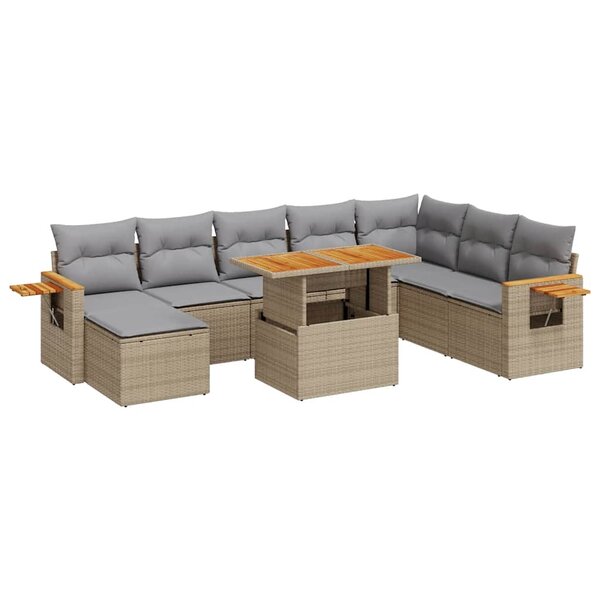 vidaXL Salon de jardin avec coussins 9 Pièces beige résine tressée acacia