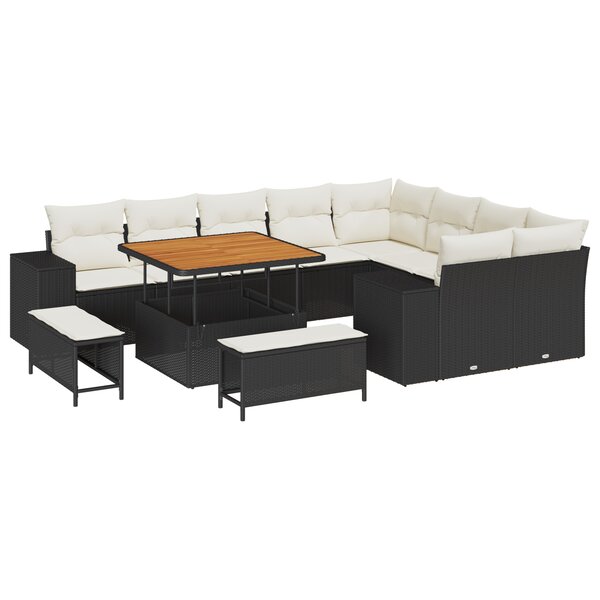 vidaXL Ensemble de canapé de jardin 12 pièces avec coussins en poly rotin noir et acacia.