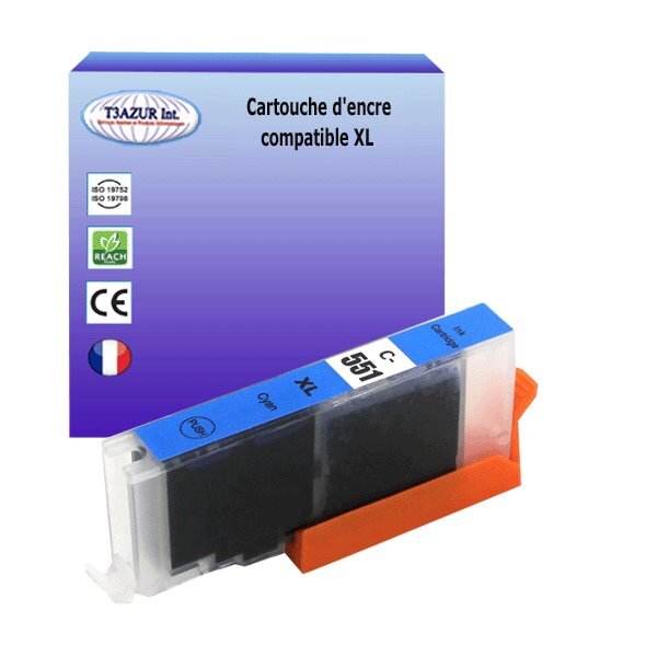 Cartouche compatible avec Canon Pixma MG6300, MG6350, MG6400, MG6450, MG6600, MG6650, MG7100 remplace Canon CLI-551 XL Cyan - T3AZUR